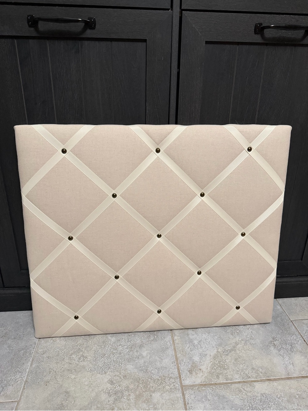 Natural Oatmeal Fabric Memory Board with Antique Ribbon & Hardware
